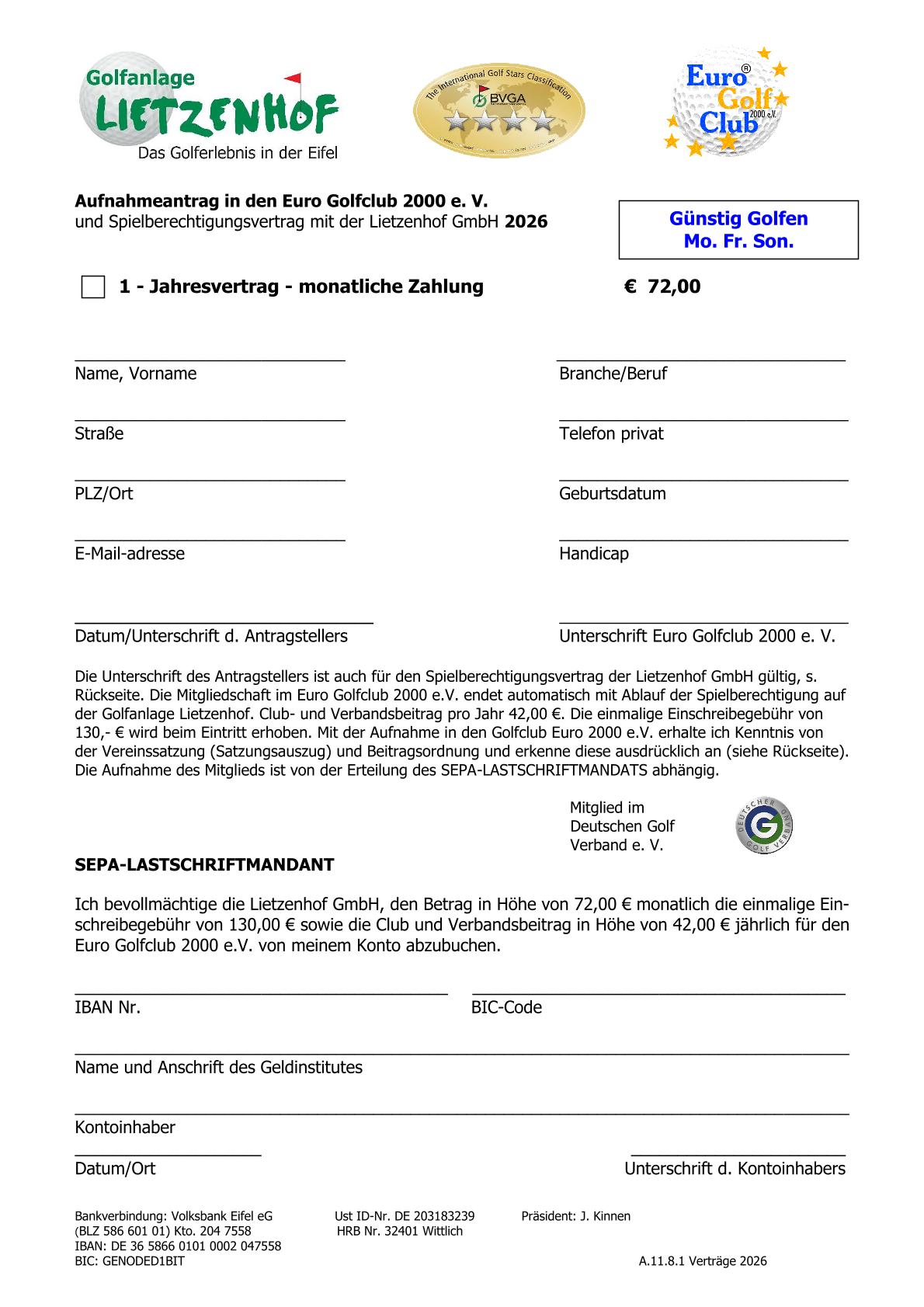 EURO Spielberechtigungsvertrag Gunstig Golfen Neu . 2025 1