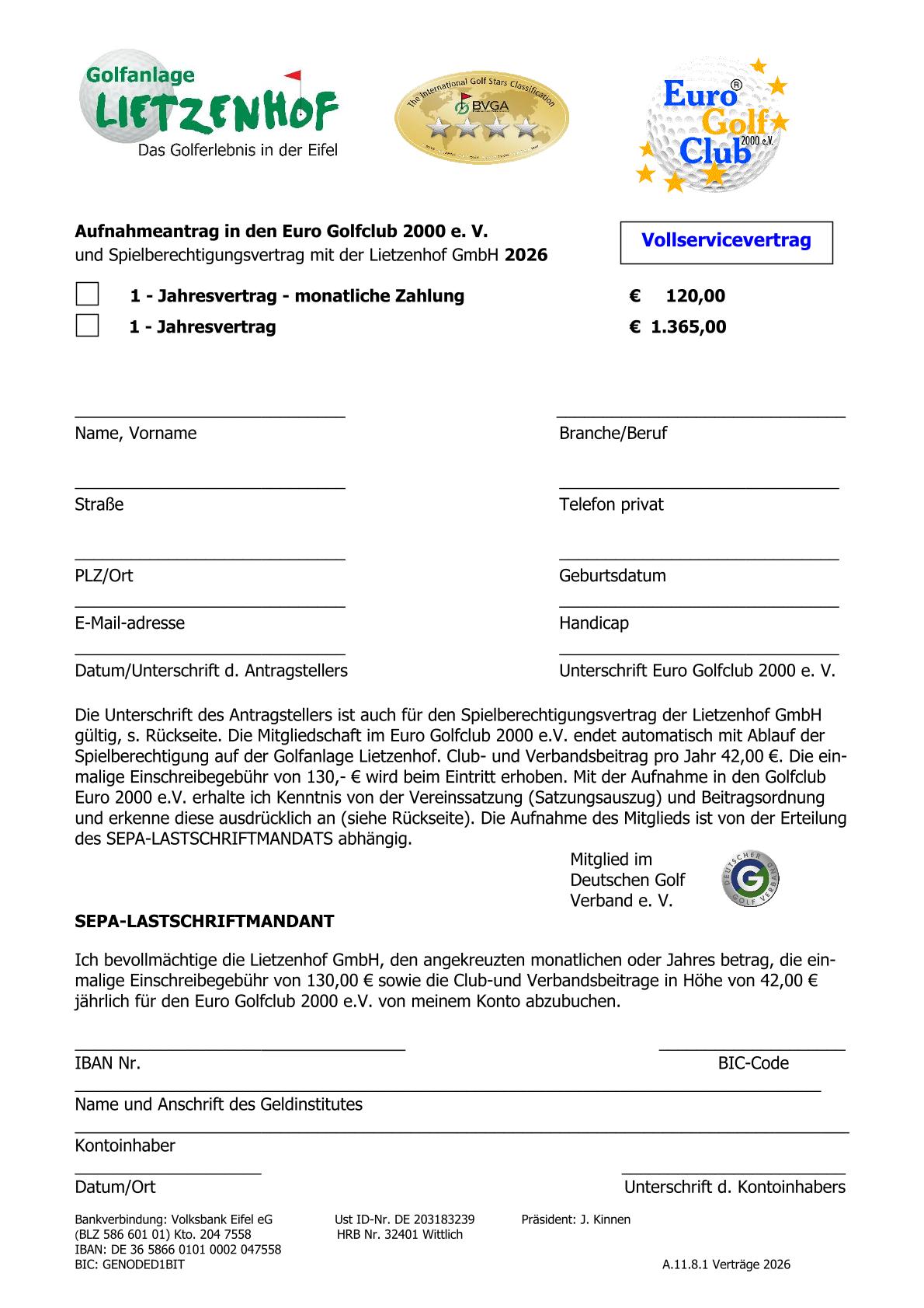 EUROSpielberechtigungsvertrag Vollservicevertrag neu  13 Jahre jahrl.  monatl. Zahl. ab 01.01.2025 neu 1